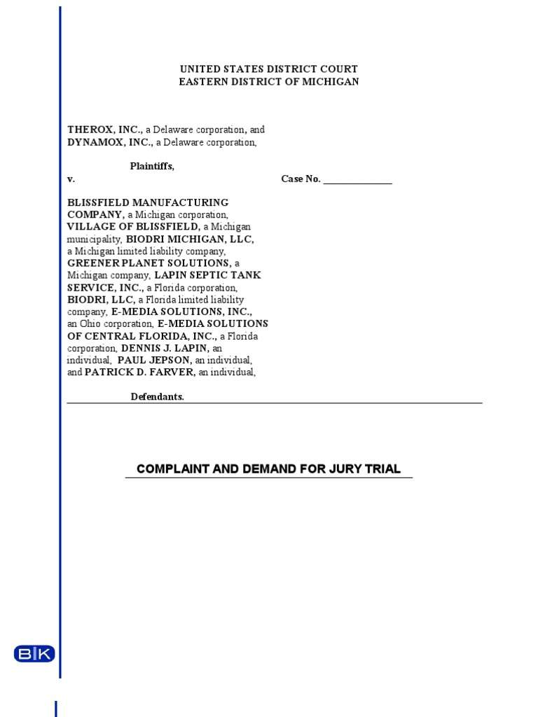 TherOx Et. Al. v. Blissfield Manufacturing Company Et. Al. PDF