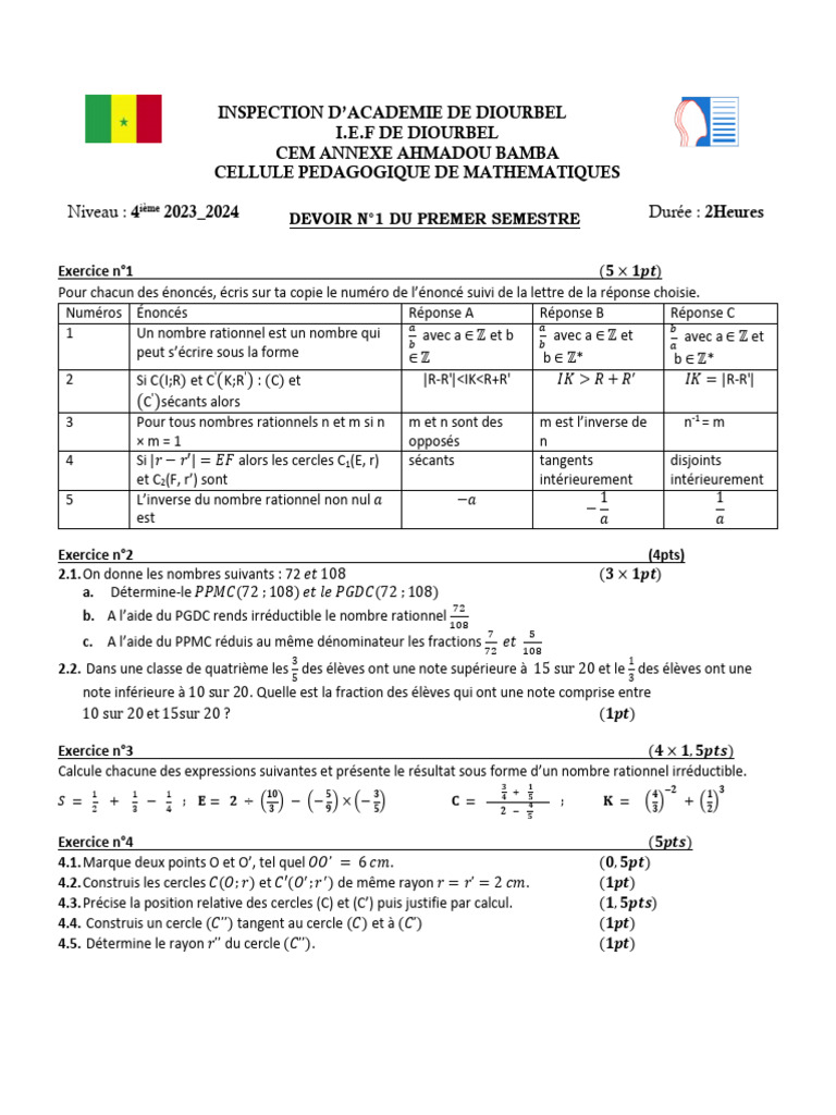 Devoir de Maths 4ème : Nombres Rationnels | PDF | Nombre rationnel ...
