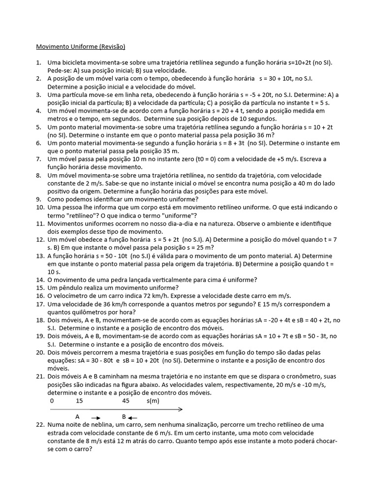 Exercícios de Movimento Uniforme 9º Ano | PDF | Velocidade | Trajetória