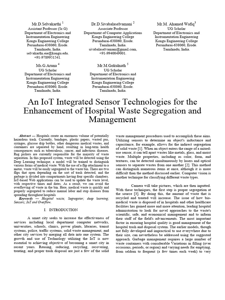 An iot integrated sensor technologies for the enhancement of hospital