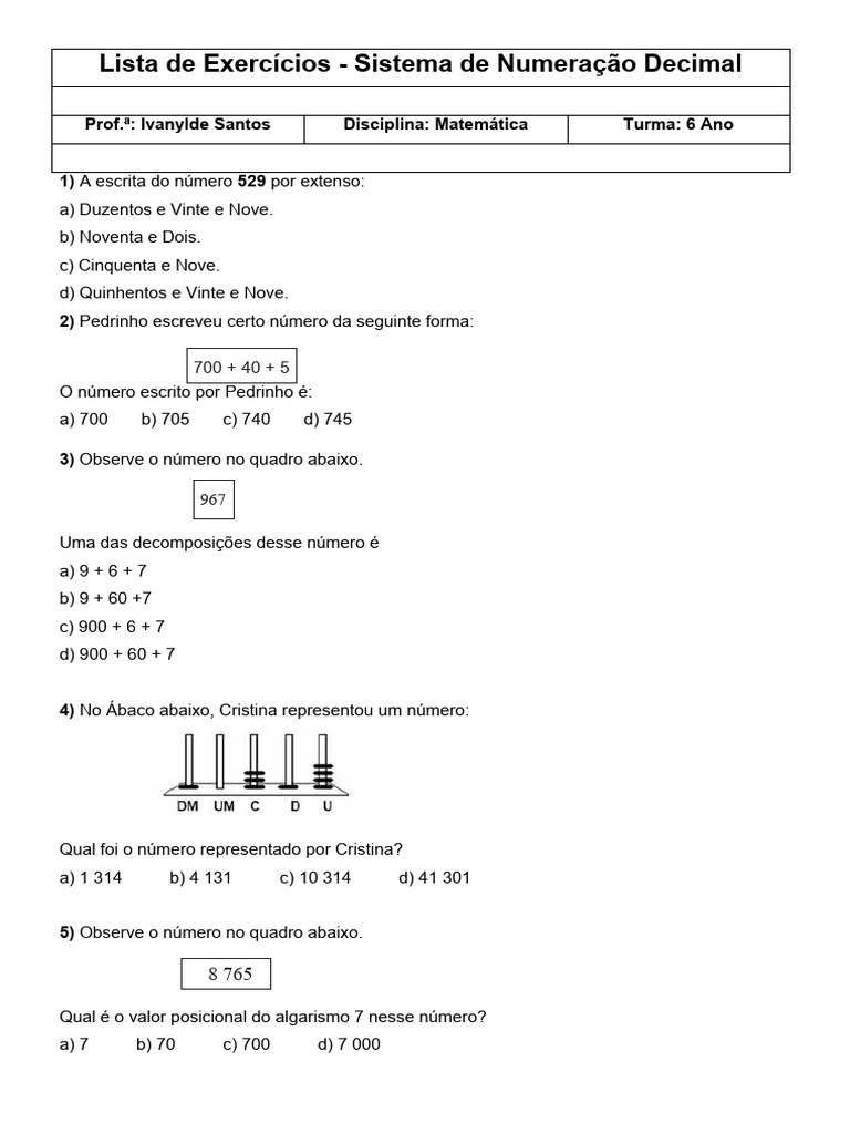 Exercícios de Sistema Decimal - 6º Ano | PDF