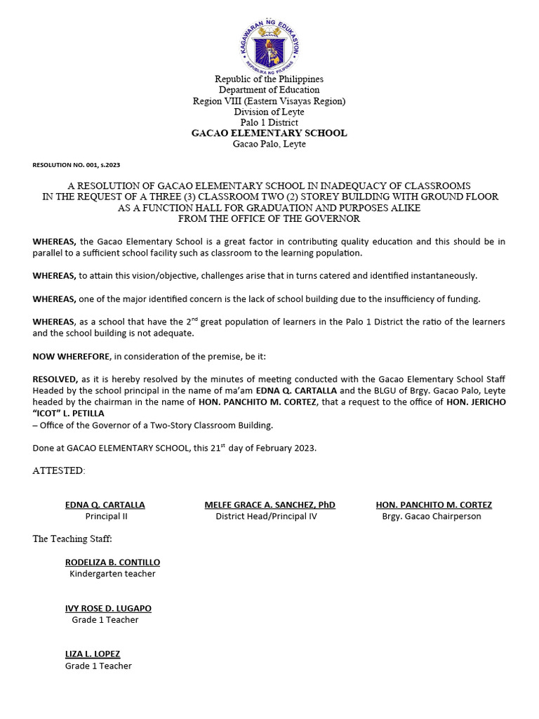 Resolution for Classroom Building Request | PDF | Teachers ...