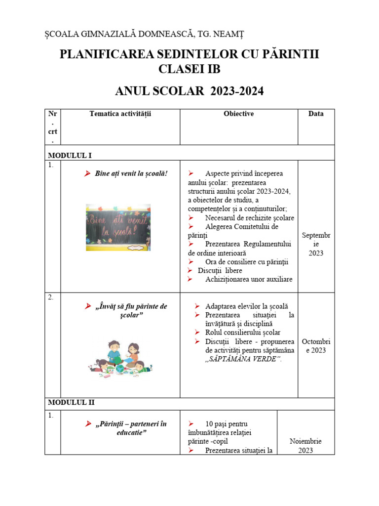 Planificarea Sedintelor Cu Parintii 2024 | PDF