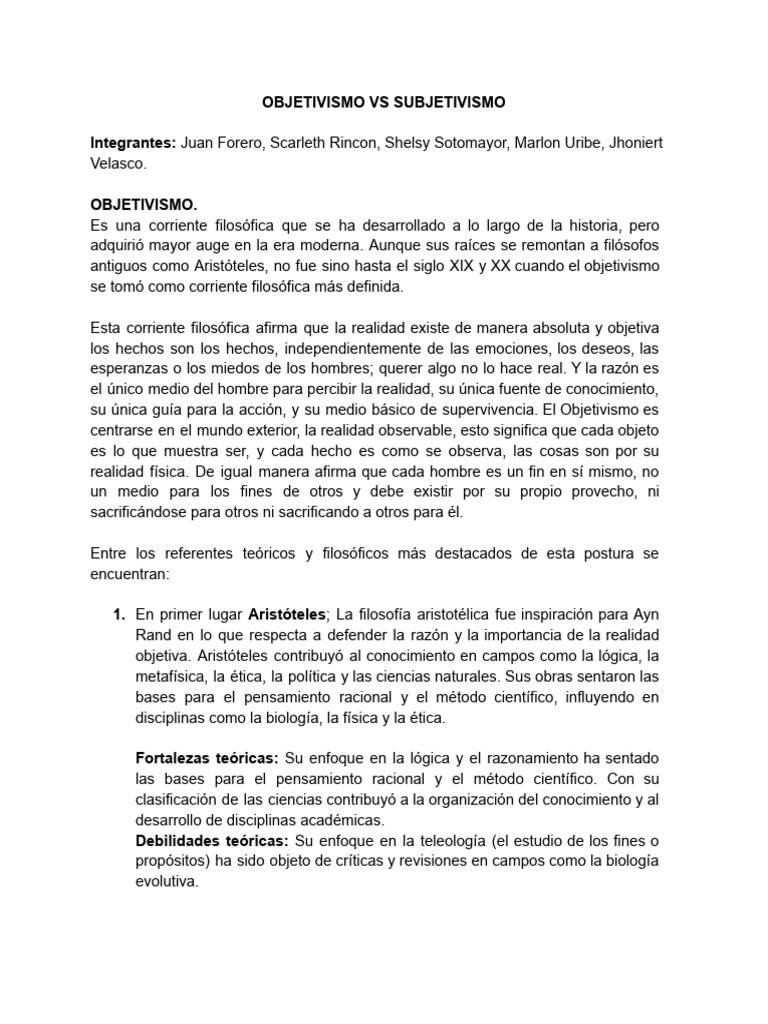 Objetivismo y Subjetivismo: Filosofías Contrastantes | PDF ...