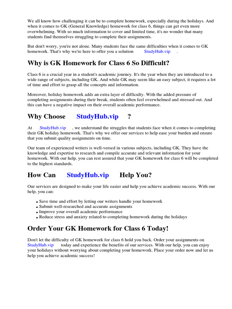 GK Holiday Homework For Class 6 | PDF | Homework