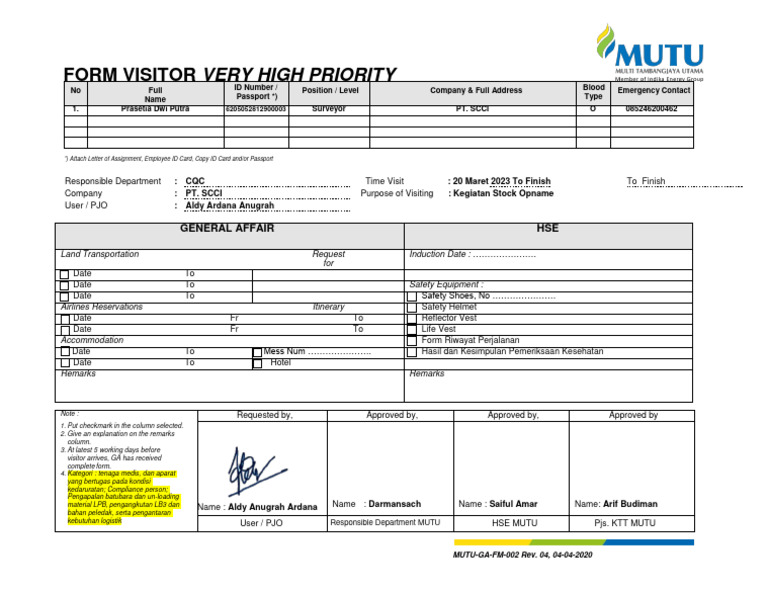 High Priority Visitor Form PT. SCCI | PDF | Government And Personhood
