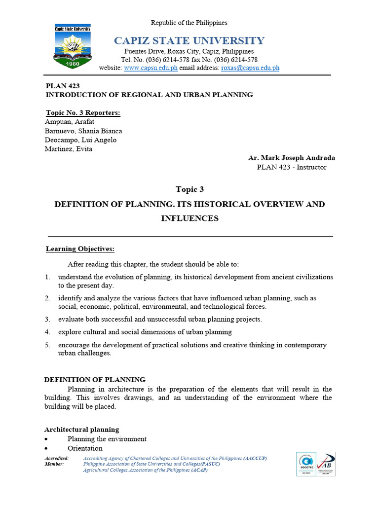 Topic 3 definition of planning its historical overview and influences
