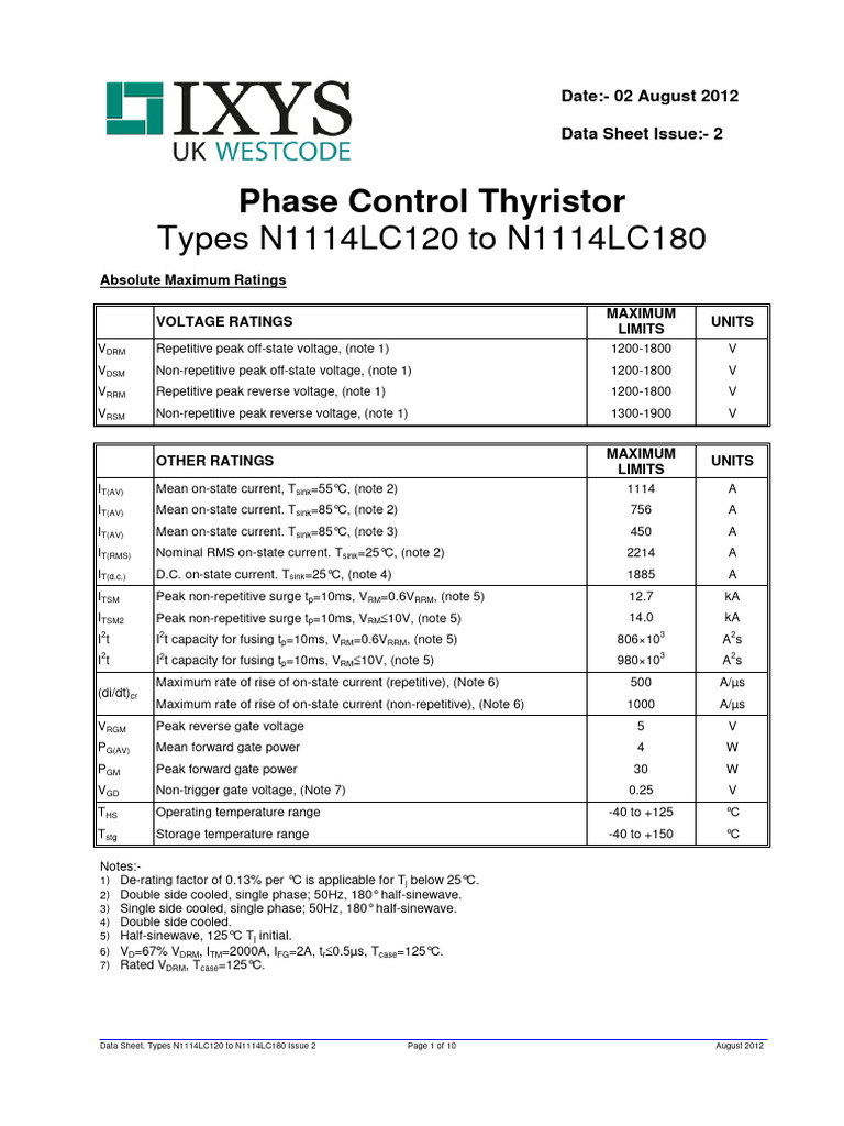 N1114LC Thyristor Data Sheet | PDF | Electricity | Electronics