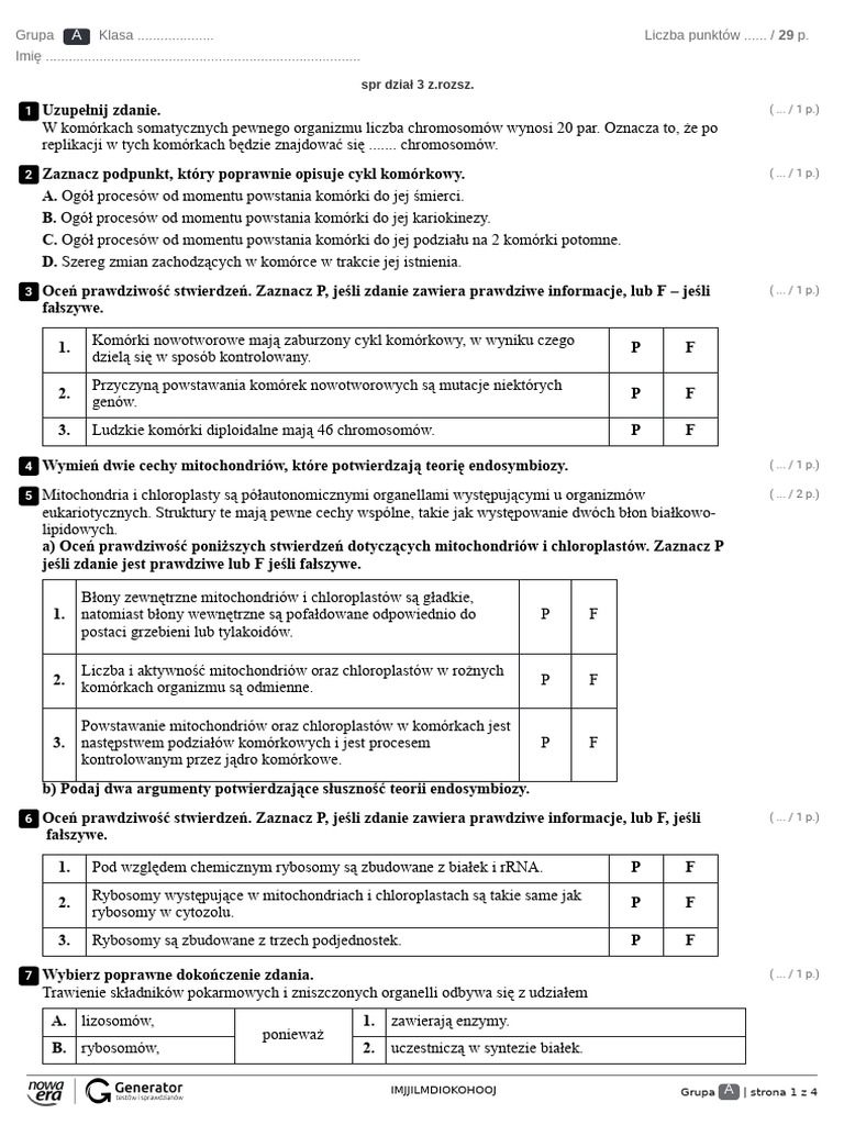 Komórka Test Klasa 1 Liceum