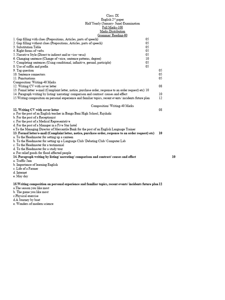 IX Latest E2 HY Syllabus-1 | PDF | English Language | Part Of Speech