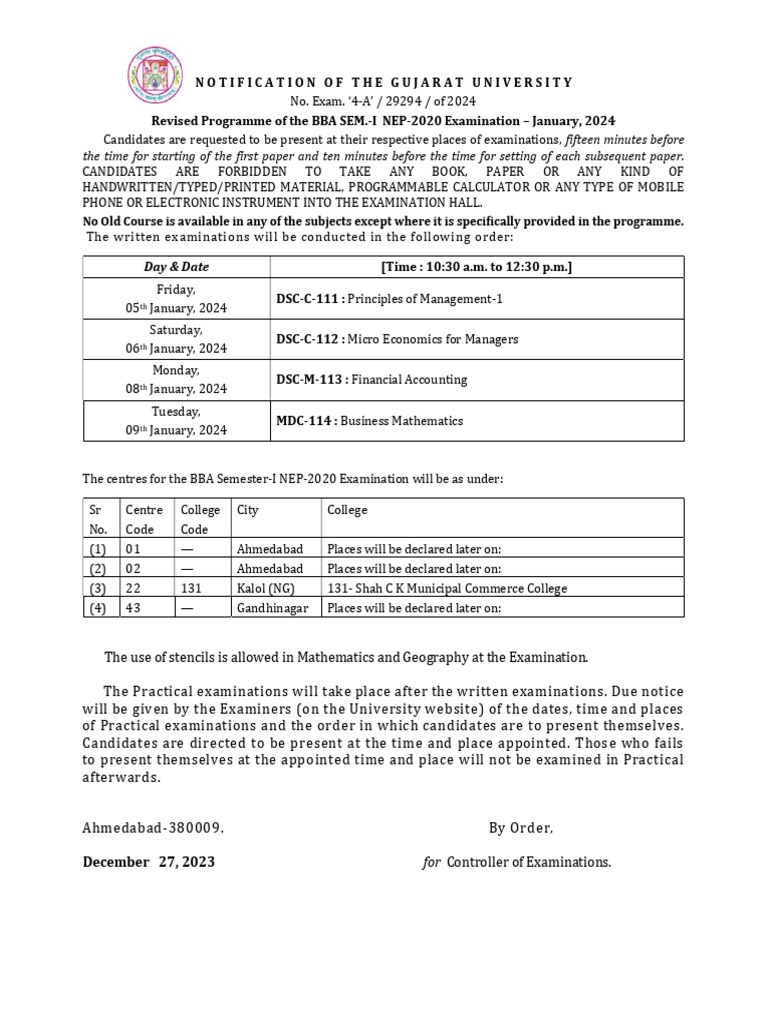 BBA Sem-I Exam Schedule January 2024 | PDF