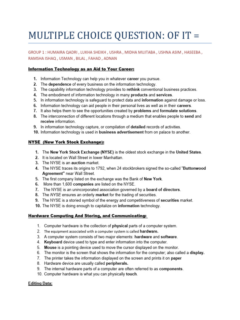 IT Quiz Questions for Students | PDF | Network Topology | Databases