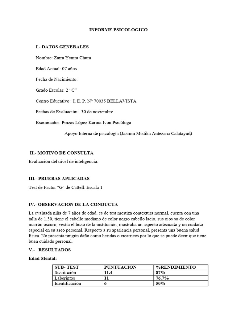 Informe Psicológico de Evaluación Infantil | PDF | Cociente de ...