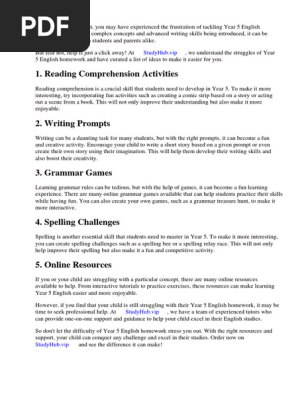 Year 5 English Homework Ideas