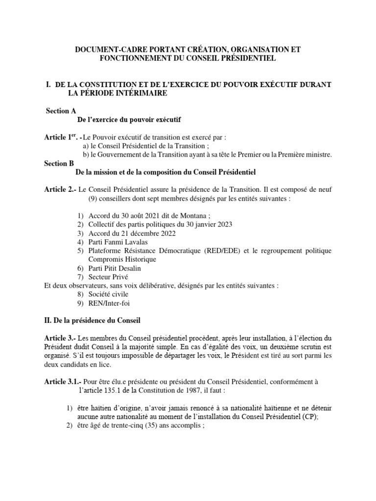 Création et fonctionnement du Conseil Présidentiel | PDF | Haïti ...