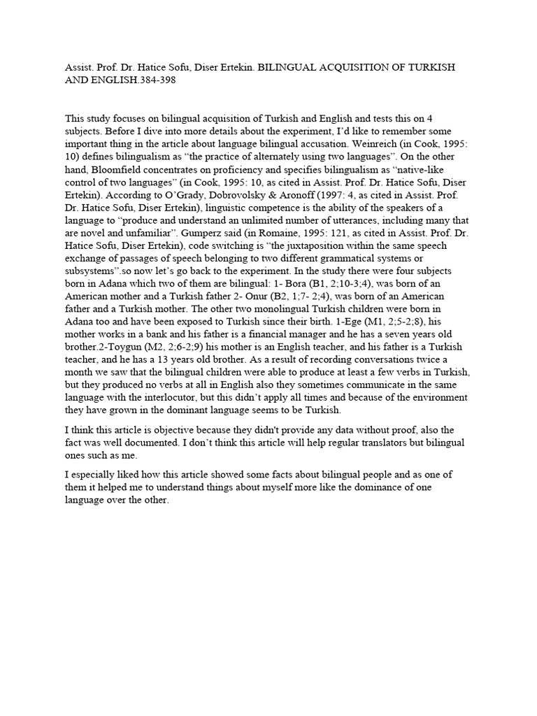 Bilingual Acquisition of Turkish and English | PDF | Multilingualism ...