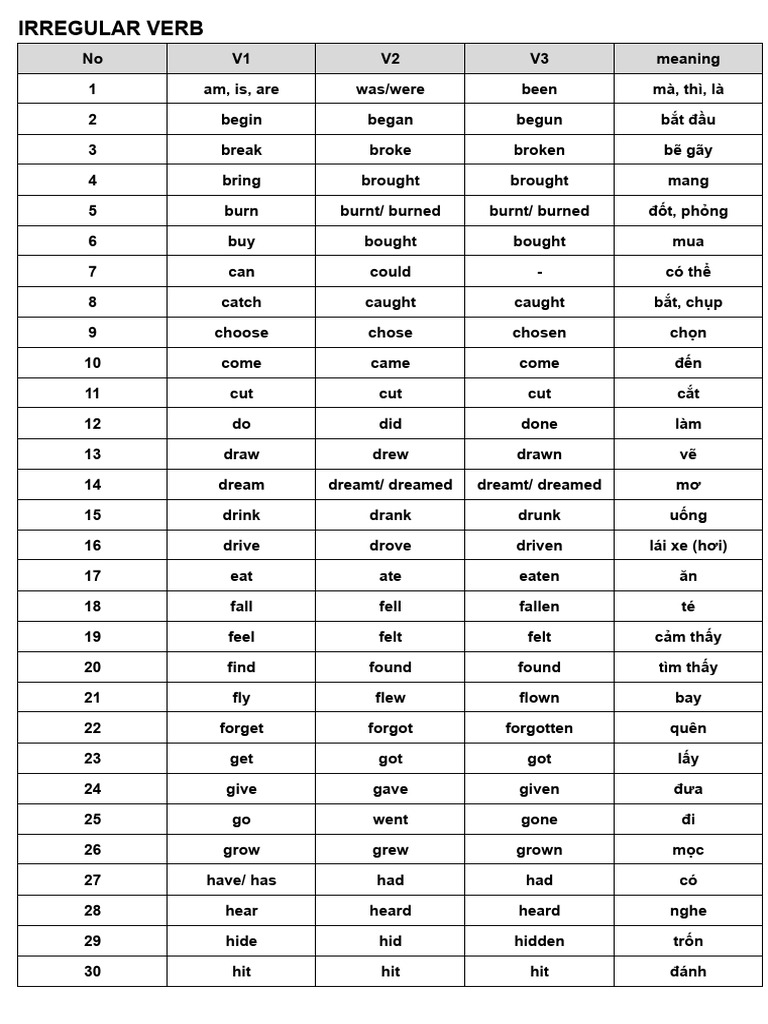 IRREGULAR VERBS - Google Docs học | PDF
