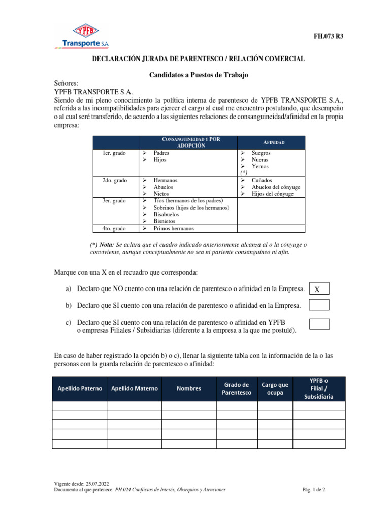 Declaración Jurada de Parentesco YPFB | PDF | Parentesco | Parentesco y ...