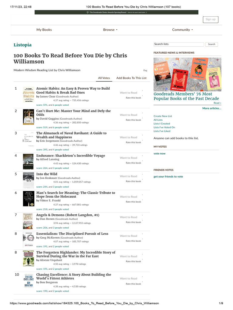 100 Books To Read Before You Die by Chris Williamson (107 Books) | PDF