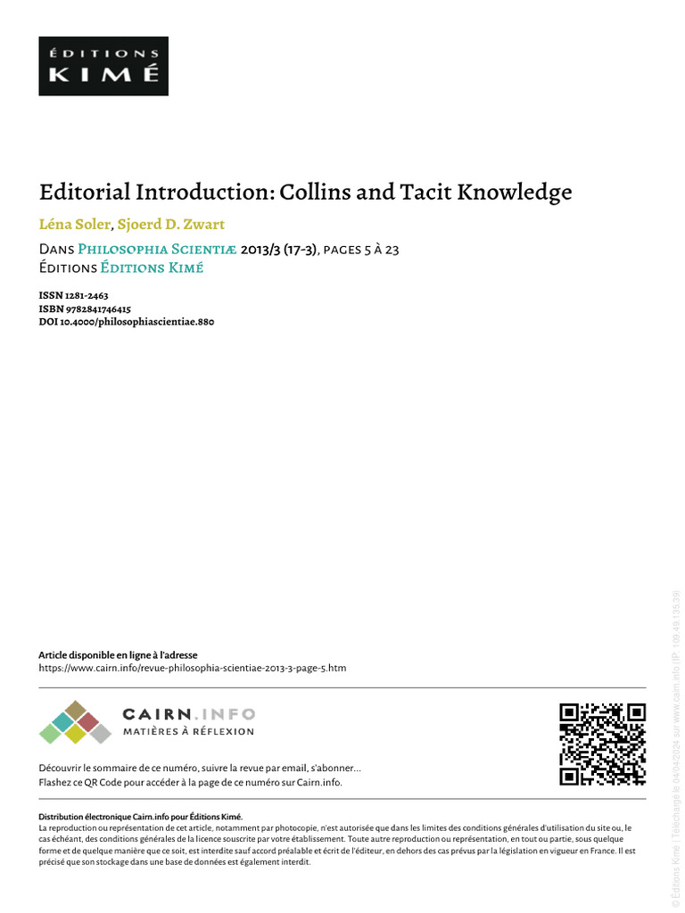 Introduction à Collins et la connaissance tacite | PDF