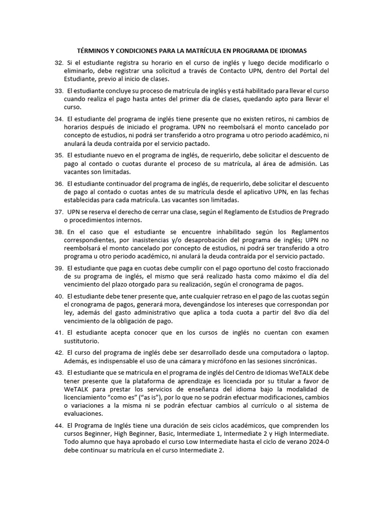 Términos y Condiciones para La Matrícula en Programa de Idiomas | PDF ...