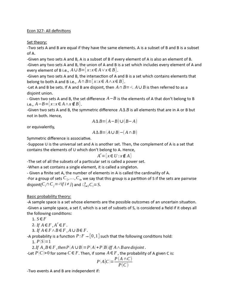 Econ 327 Definitions | PDF | Variance | Probability Distribution