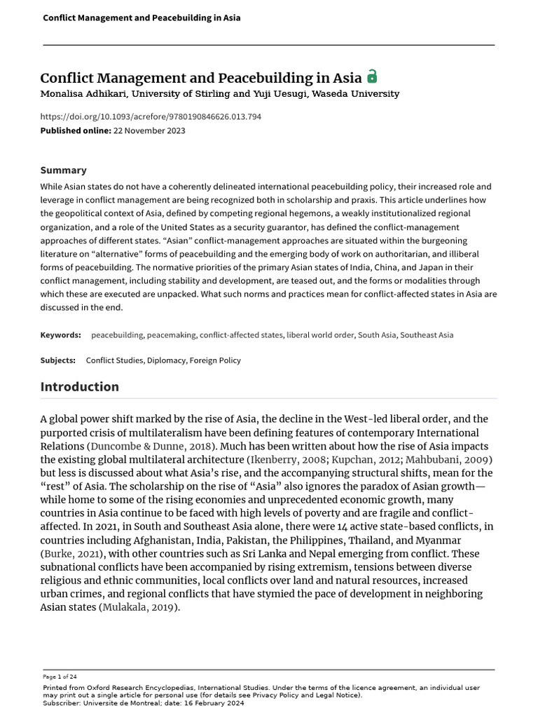 Conflict Management and Peacebuilding in Asia | PDF | Peacebuilding ...