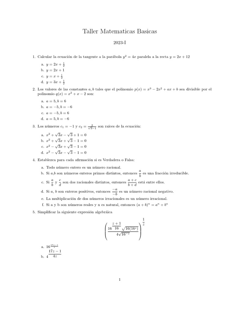 Taller de Matemáticas Básicas 2023-I | PDF | Raíz cuadrada | Entero