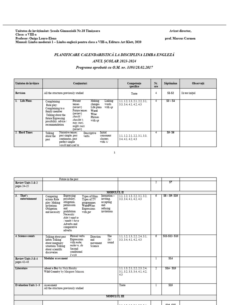 Planificare unitati art cls 8 20232024 PDF Clause Linguistics
