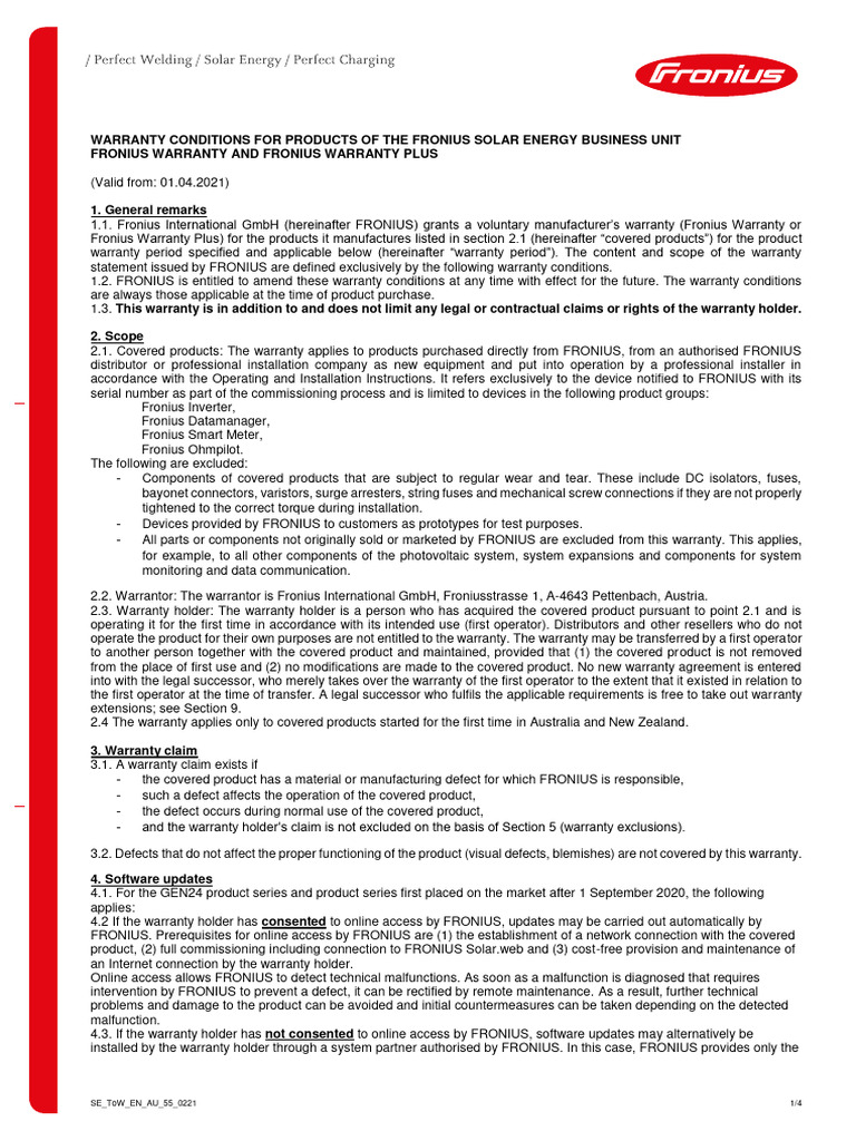 Fronius Warranty Information PDF Contractual Term Expense