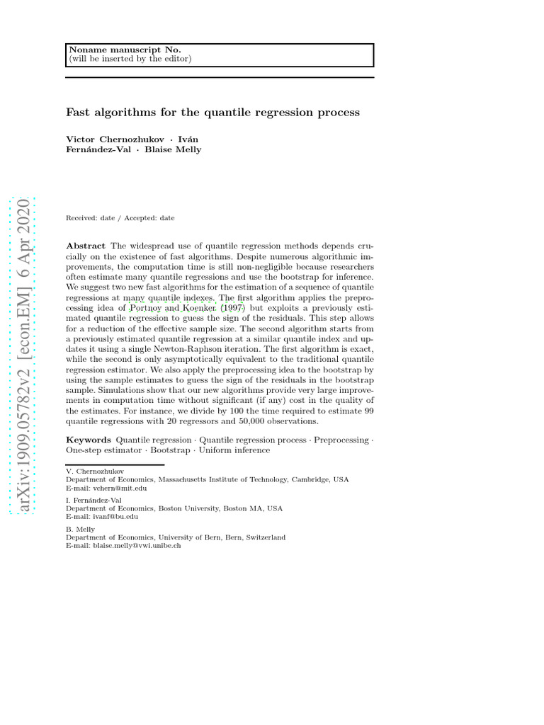 Fast Algorithms For The Quantile Regression Process PDF Regression
