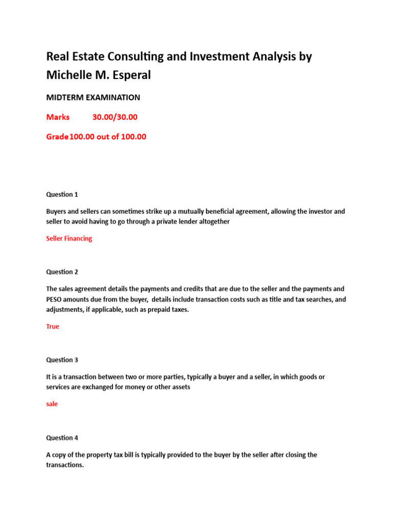 Real Estate Consulting and Investment Analysis Midterm Exam PDF