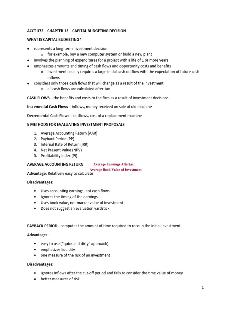 Chapter 12 Notes Capital Budgeting Decision Pdf Capital Budgeting