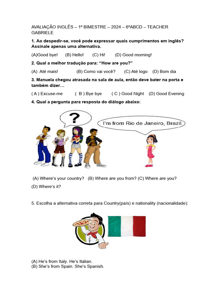 Avaliação de Inglês 6º Ano - 1º Bimestre | PDF | Artes Linguísticas e ...
