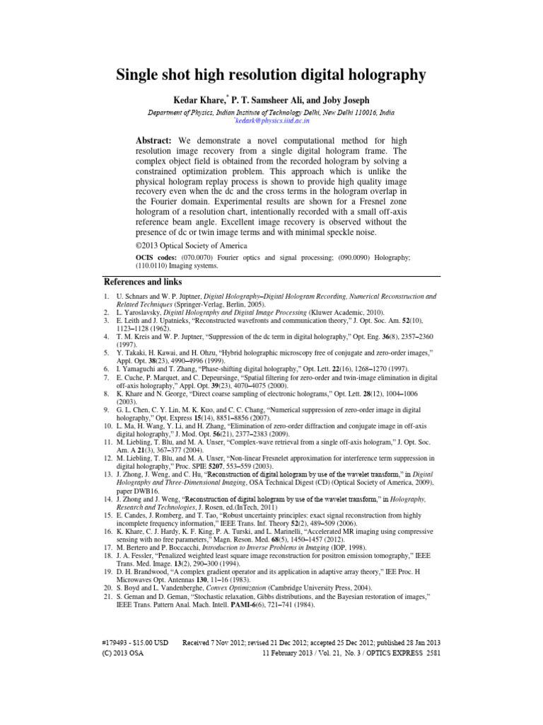 Single Shot High Resolution Digital Holography | PDF | Holography ...