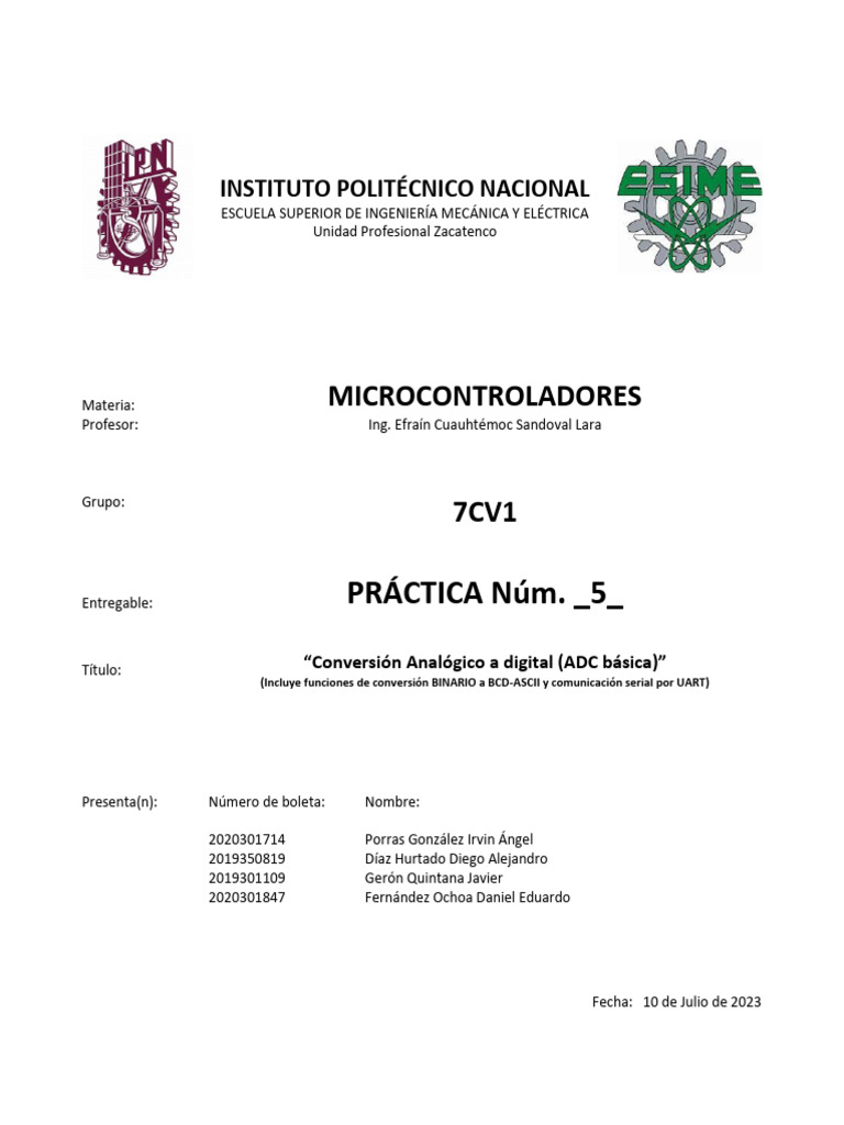 Practica 5 Conversion Analogico A Digital Pdf Conversor Analógico A