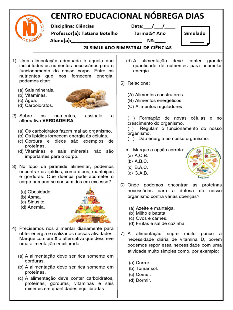 Simulado de Ciências: Alimentos e Nutrientes 5º Ano | PDF | Nutrientes ...