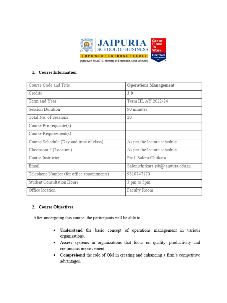 Revised Course Outline OPERATIONS MANAGEMENT | PDF | Critical Thinking ...