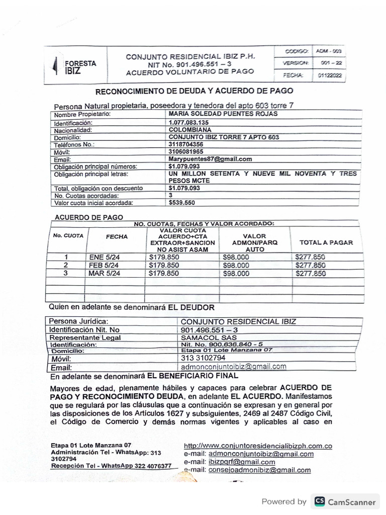 Carta Acuerdo de Pago y Primer Recibo | PDF