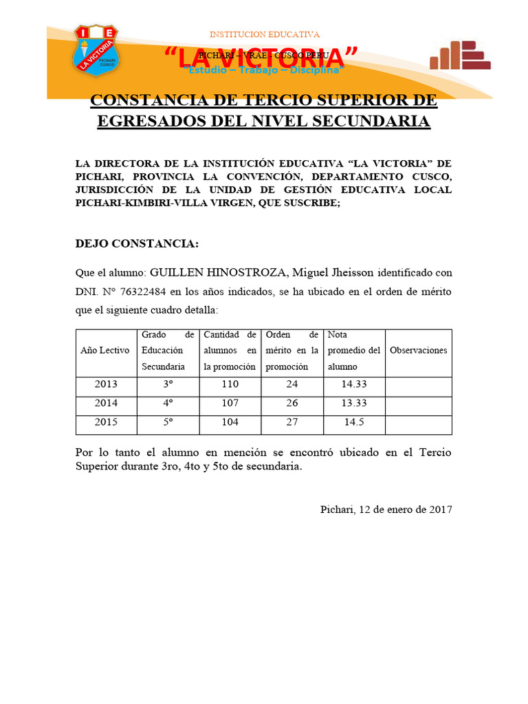 Constancia de Tercio Superior Secundaria | PDF