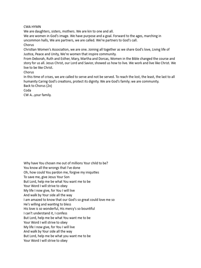 CWA Hymn: Unity in Faith and Service | PDF