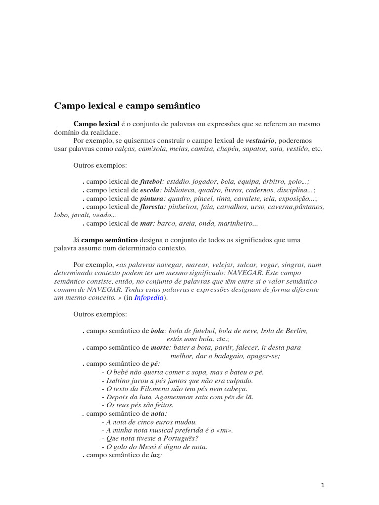 Campo Lexical e Semântico: Conceitos e Exemplos | PDF