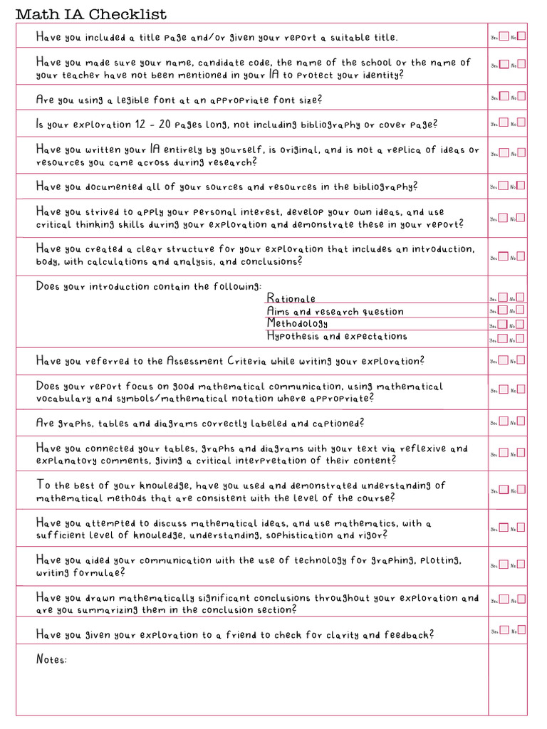 Math IA Checklist PDF Mathematics Exploration