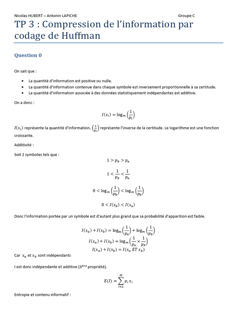 Compression d'information : Codage de Huffman | PDF | Traitement du ...