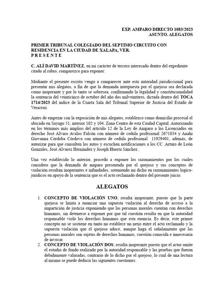 Alegatos en Amparo Directo 1083/2023 | PDF | Caso de ley | Sentencia (ley)