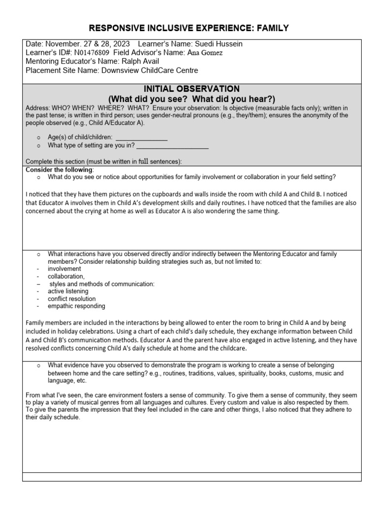 Responsive Inclusive Experience Family 1 1 1 | PDF | Mentorship | Preschool