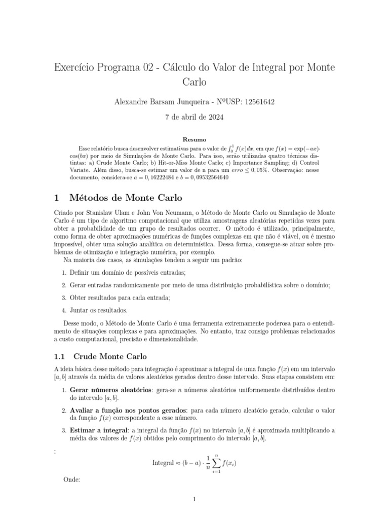 Exercício Programa 02 - Cálculo de Integral Por Monte Carlo | PDF ...