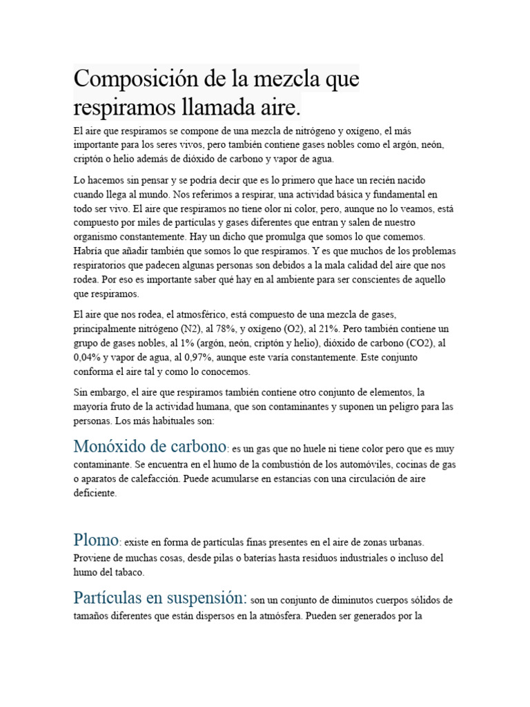 Composición del aire que respiramos | PDF | Atmósfera de tierra ...