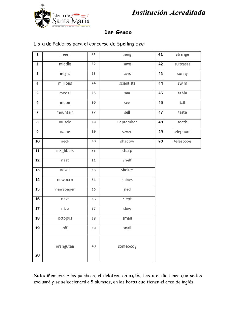Lista de palabras secundaria spelling bee pdf