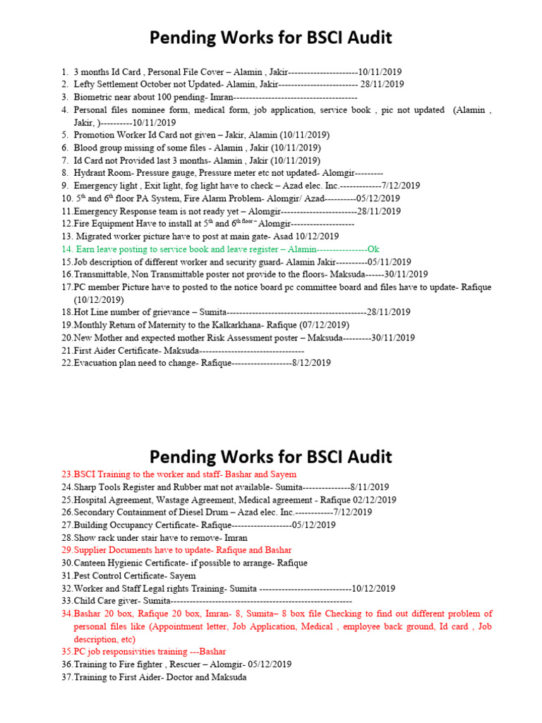 Pending Works For BSCI Audit | PDF | Safety